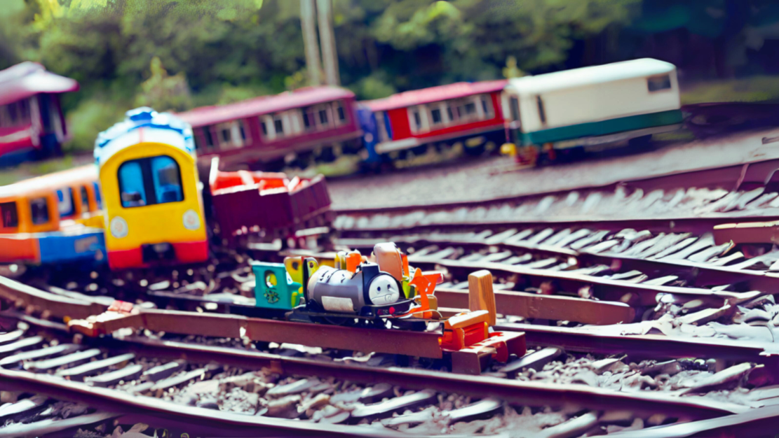 Image derailed toy trains.